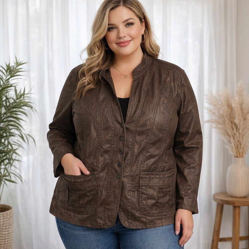 Coldwater Creek Metallic Dark Coffee Colored Utility Jacket Snap Closure Size 20